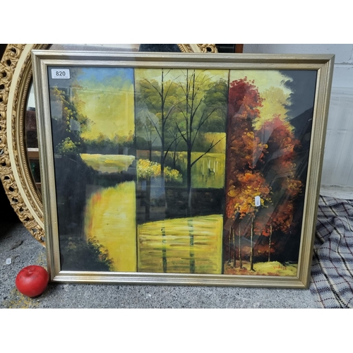 820 - An original oil on canvas board painting featuring a split composition of three landscapes in an aut... 