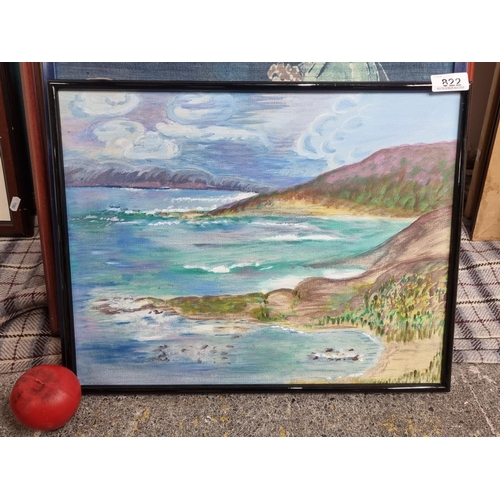 822 - An original acrylic on board painting showing a coastal landscape scene rendered in a palette of pur... 