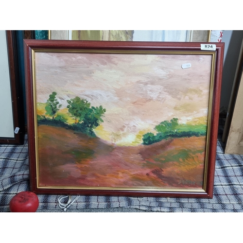 824 - A charming original oil on board painting featuring a sunset over a rural landscape. Signed Statter ... 