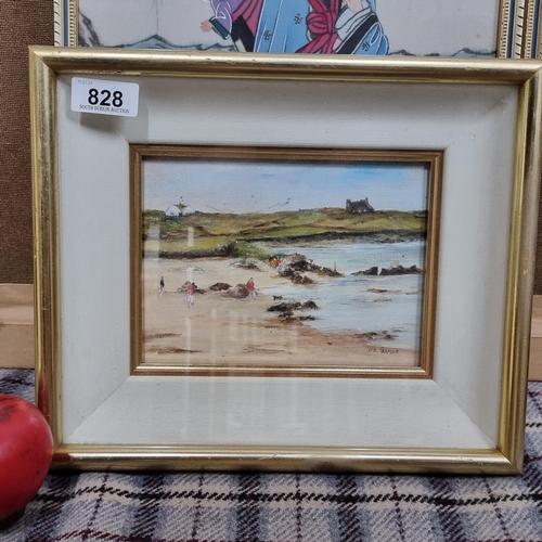 828 - A charming original oil on board painting featuring a coastal landscape scene of figures enjoying th... 