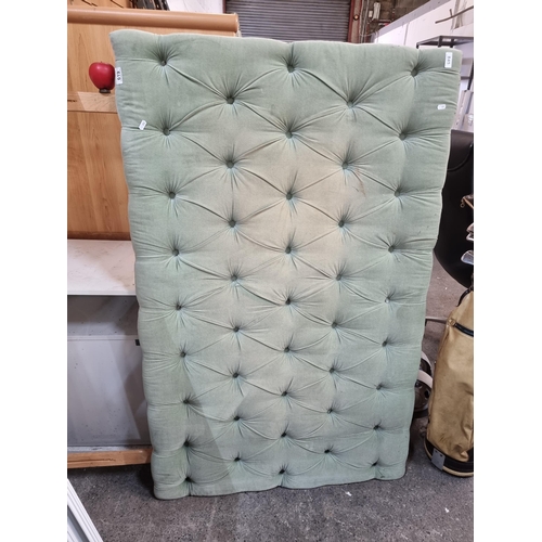 845 - A pretty King Size bed headboard featuring sage green plush fabric and buttonback detailing. H140cm ... 