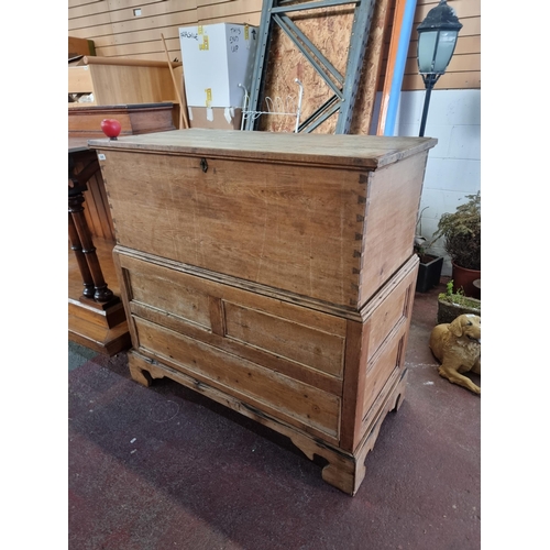 848 - Star lot: A very large antique solid oak chest on chest of drawers with deep lidded chest to top, al... 