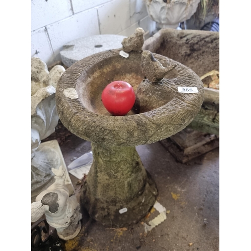 865 - Star Lot : A very sweet antique  heavy stone garden bird bath with two bird figures perched on top.