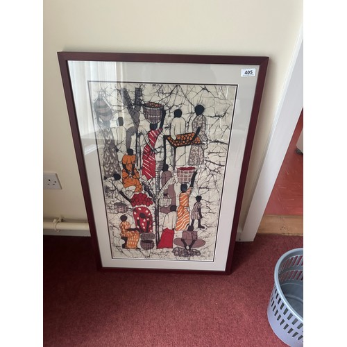 405 - A large signed African Batik, showing people doing daily chores, lovely colours. Nice quality frame ... 