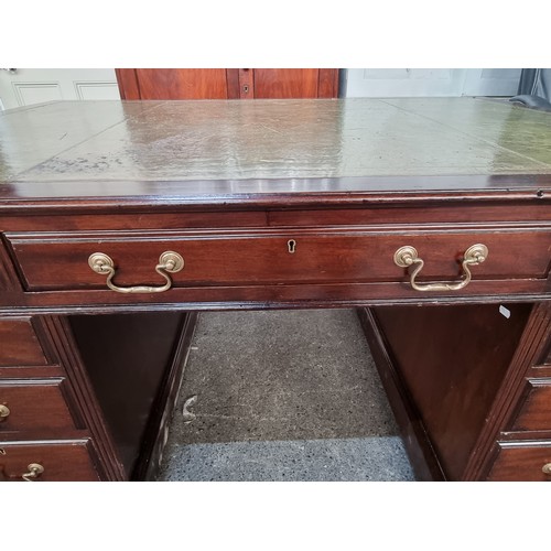 838 - Super Star Lot: A very handsome and large early 20th century partners pedestal desk featuring 9 draw... 