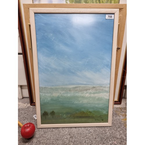 755 - An enticing original oil on board painting featuring a skyscape scene, the hazy blue sky taking up 3... 