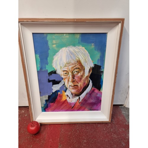 913 - Star Lot: A vibrant large original Tom Byrne (b. 1962) acrylic on canvas paining featuring a portrai... 