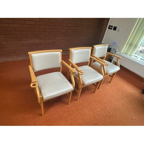 421 - Three Mid century chairs with Lift up seals for storage. Nice golden oak colour to the wood.
There i... 