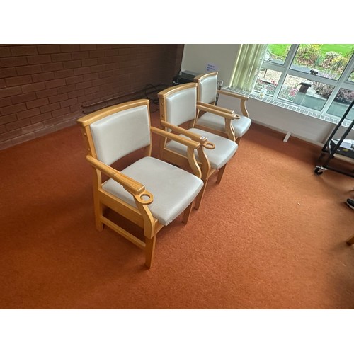 421 - Three Mid century chairs with Lift up seals for storage. Nice golden oak colour to the wood.
There i... 