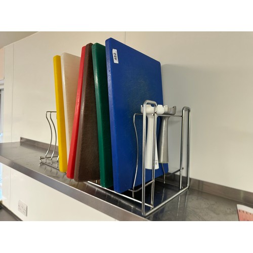 482 - A set of colour codes food prep cutting boards With stainless and and 2 mixer heads.
There is only t... 