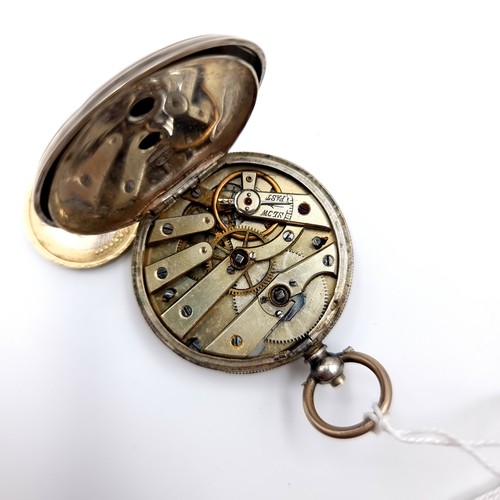 16 - A white enamel dialled silver pocket watch set with roman numeral figures with a blank cartouche to ... 