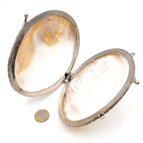 24 - A brilliant antique natural Abalone shell clutch, set with a fine hinged lid and two dual suspension... 