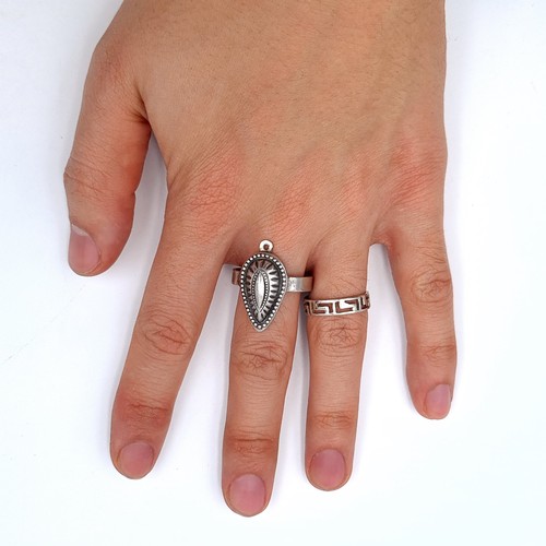 673 - Two Egyptian style Sterling silver rings, sizes M and R, total weight 8 grams.