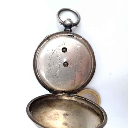 690 - A silver pocket set in britannia silver, made by John Myers, watch has a Swiss made movement, white ... 