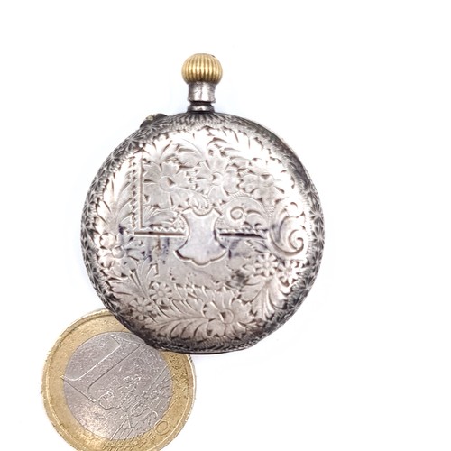 691 - A Ladies Sterling Silver fob pocket watch set with profuse decoration to case with roman numeral dia... 