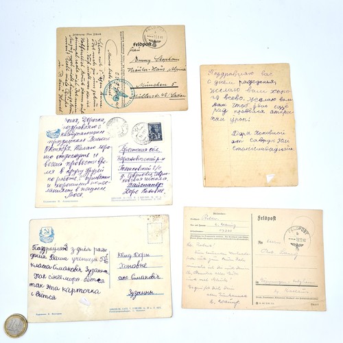 721 - A collection of five original  WW2 Propaganda post cards with correspondents to reverse Including Ru... 