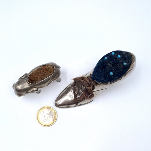 723 - Two antique silver plated pin cushions in the form of a ladies shoe and elephant, shoe 9cmx5cm and e... 