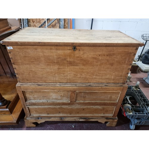 848 - Star lot: A very large antique solid oak chest on chest of drawers with deep lidded chest to top, al... 