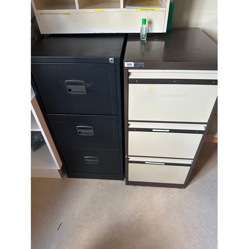 509 - Two 3 drawer file cabinets one black and one coffee and cream. no keys for these. 
There is only two... 