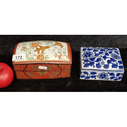 172 - Two neatly sized jewellery boxes including a delicate porcelain example featuring a floral pattern i... 