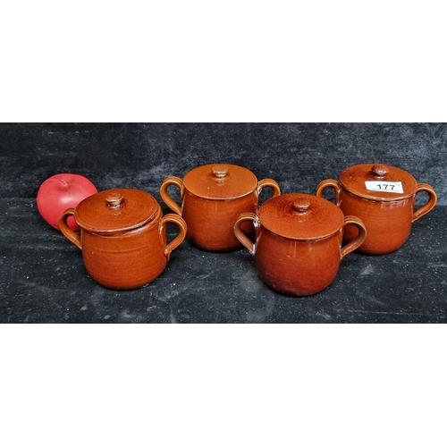 177 - A set of four double handled lidded bowls by Staffordshire based Moira Pottery England.