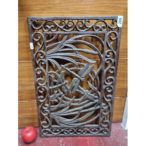 209 - A beautiful art nouveau style  heavy cast metal door mat boasting fabulous dragonfly and pierced scr... 