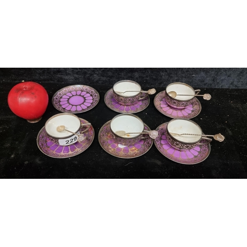 229 - An exquisite purple and sterling silver overlay Rosenthal espresso set with rose quartz handled tea ... 