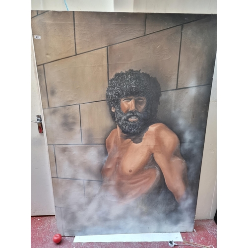 257 - An enormously large 1970's acrylic on canvas painting featuring a muscular man in a steam room. A re... 