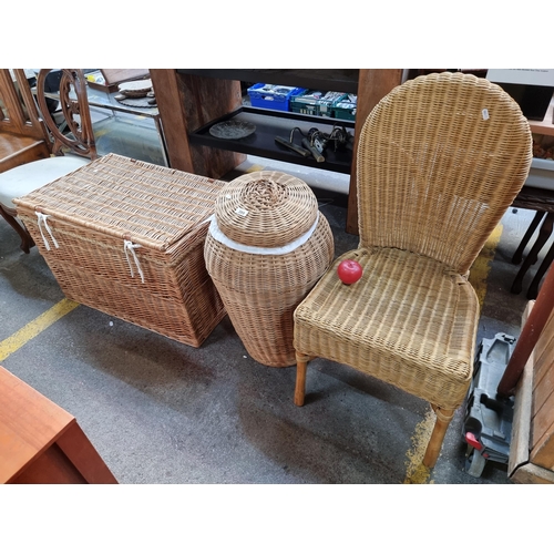 388 - A set of 3 wicker items including a fab cotton lined blanket chest and lidded laundry basket and a c... 