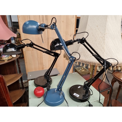 391 - Three industrial style anglepoise metal desk lamps. Two in a gloss black finish and the third in a m... 