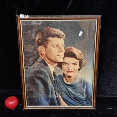 84 - A super vintage print of a photograph of John F Kennedy and Jacqueline Kennedy. Housed in a wood and... 