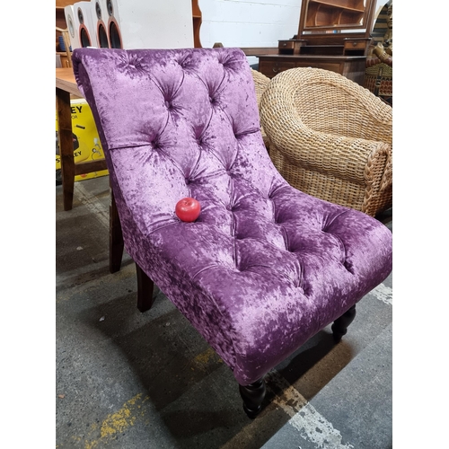 442 - A beautiful purple velvet bedroom chair with button detail to back and seat.