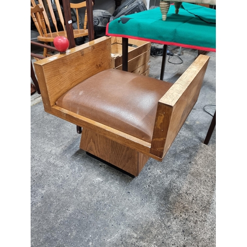 458 - A Fabulous mid century very unusual brutalist style heavy teak frame stool with padded leather seat.