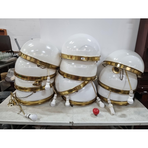 480 - Star Lot : Two large pendant ceiling shades with brass fittings and milk white domes. These are from... 