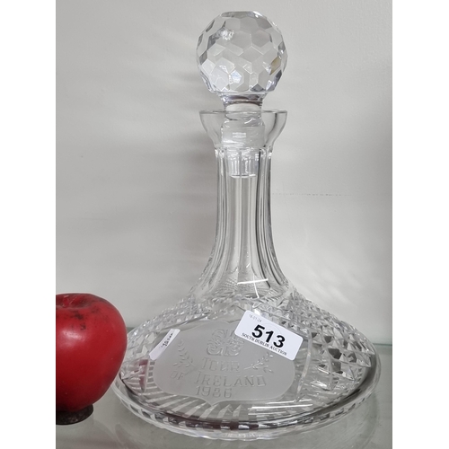 513 - A striking Waterford Crystal crystal ships decanter with etched engraving reading Tour Of Ireland 19... 