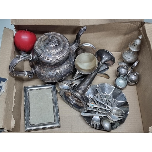 516 - A Box of Antique silver plated items including a beautiful ornate tea pot and other items