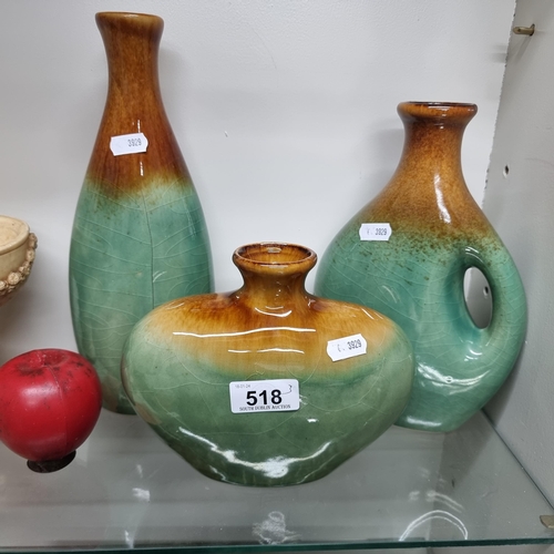 518 - A lovely trio of art studio pottery with a two tone glaze of mint green and brown. In lovely conditi... 