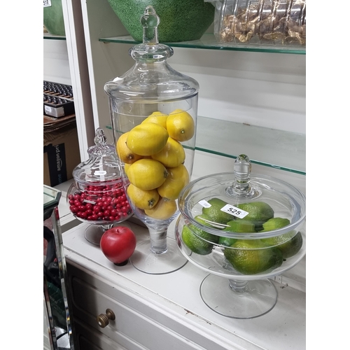 525 - Three large stylish glass fruit display bowls/vases. A beautiful addition to any sleek kitchen setti... 