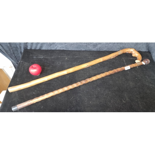 555 - Two hand carved walking sticks including a knotted example and another with a rope twist stem. Both ... 