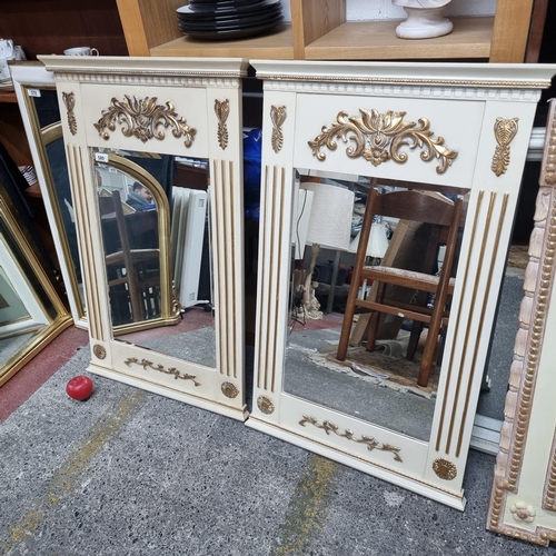 580 - Star Lot : A pair of elegant French style Trumeau beveled glass mirrors with gilt column, floral and... 