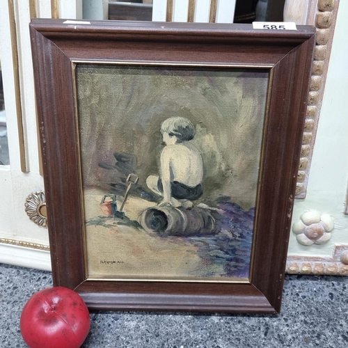 585 - Star Lot : A vintage Irish school oil on board painting featuring a portrait of a young boy at a bea... 