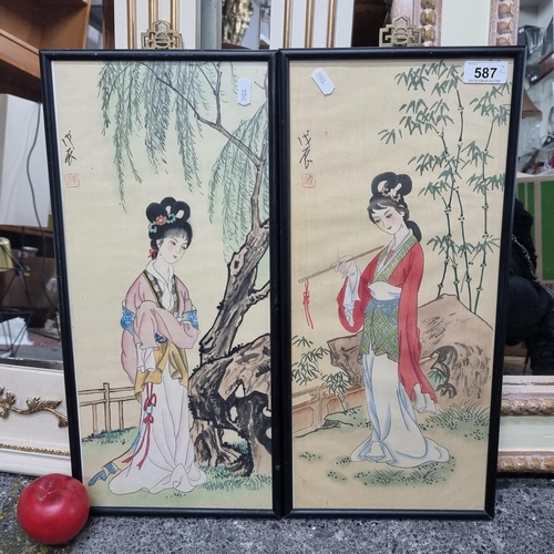 587 - A pair of refined Chinese gouache on silk paintings featuring ladies in garden landscape scenes. Hou... 