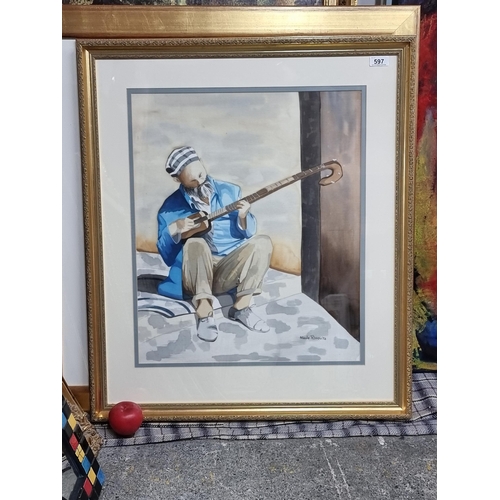 597 - Star Lot : A wonderful original large batik on silk painting featuring a busker playing his tanpura.... 