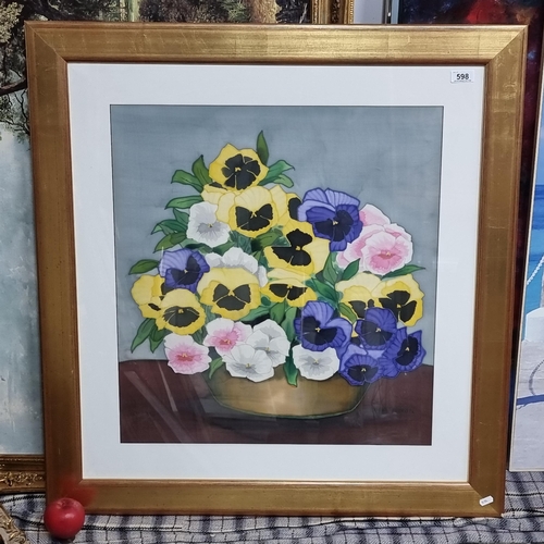 598 - Star lot : A beautiful large batik on silk painting featuring a stunning display of colourful pansy ... 