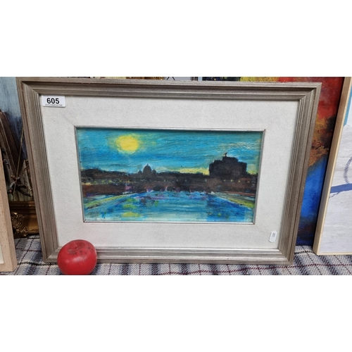 605 - A vivid vintage oil pastel on board painting of a cityscape. A strong impressionistic style to this ... 