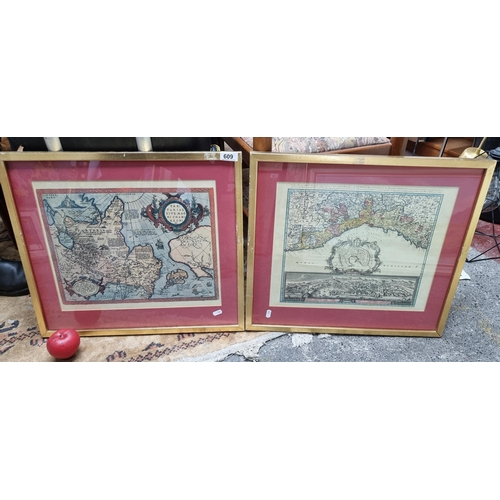 609 - Two vintage hand coloured prints of antique 1700's maps showing Genoa, Italy and Tartaria. Housed in... 