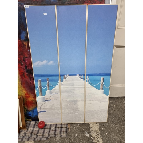 610 - A contemporary large photography print on board in triptych form. Titled 'Jetty at Cancun, Mexico' b... 