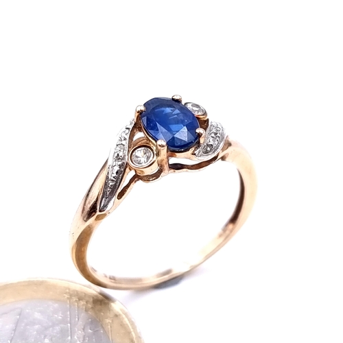 619 - Star Lot : A nice example of a blue sapphire stone ring with gemstone twist mount setting, size Q, w... 