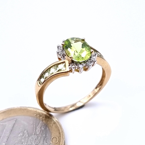 627 - Star lot : A nice example of a 9K gold peridot stone ring with twist diamond set mount, ring size O,... 