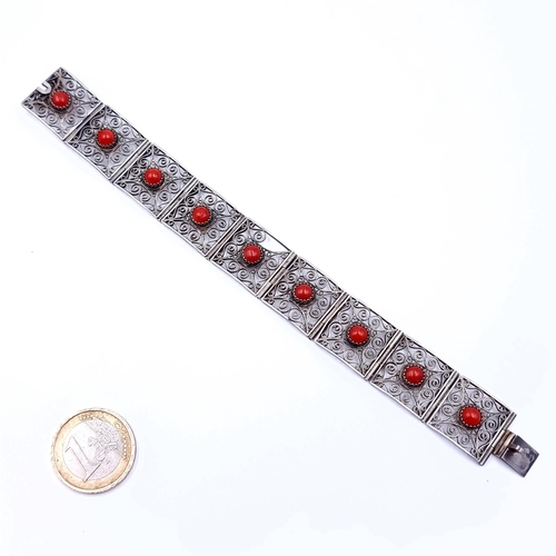 683 - An unusual vintage carnelian stone hallmarked silver bracelet filigree set mounts. Missing a scroll.